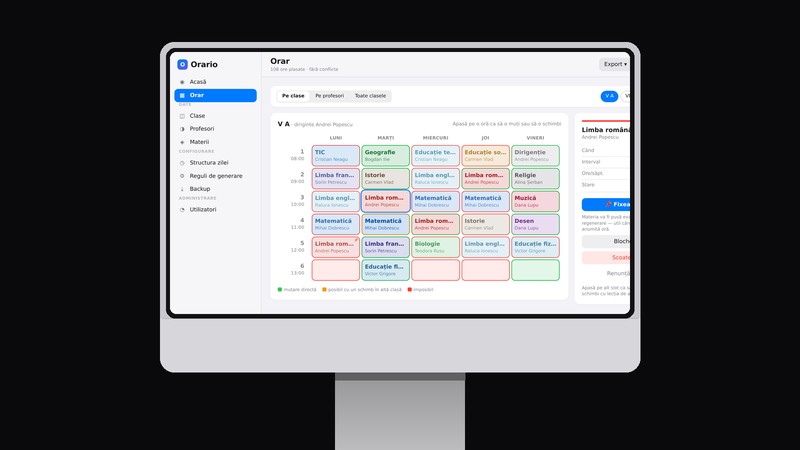 Orario timetable editor showing a class schedule with move suggestions